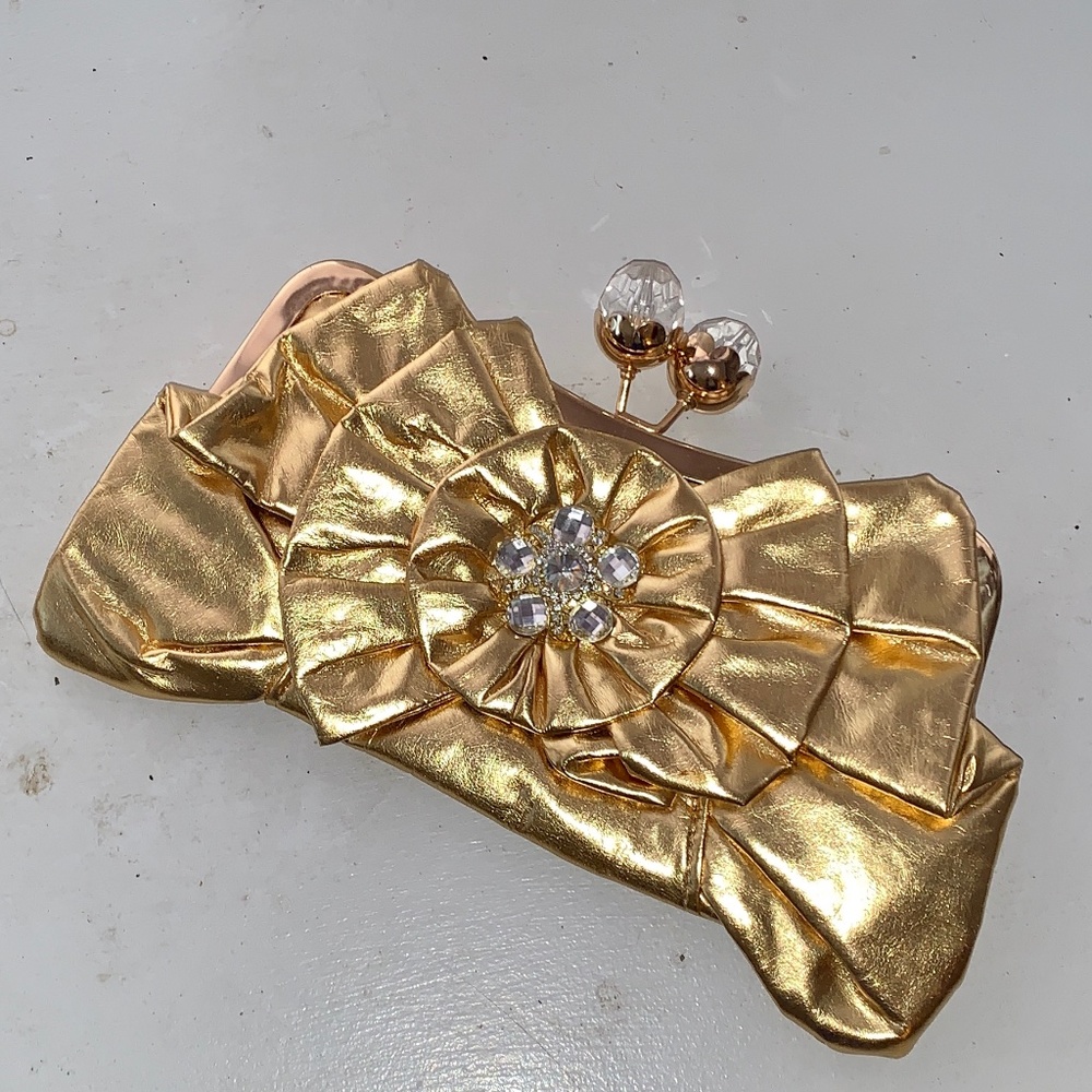 New Gold Natural Leather & Crystal Clutch Purse Bag w/Shoulder Chain